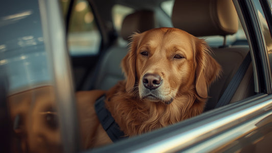 Hond veilig vastgezet op de achterbank van de auto tijdens het reizen