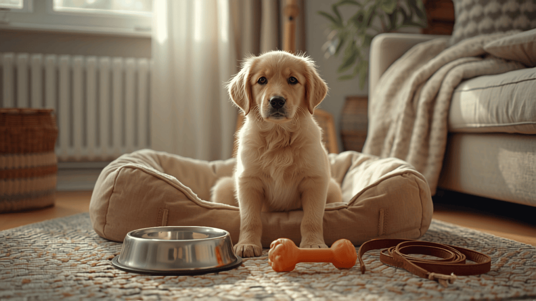 Puppy zit rechtop in zijn mand, met voerbak, kauwspeeltje en riem ernaast