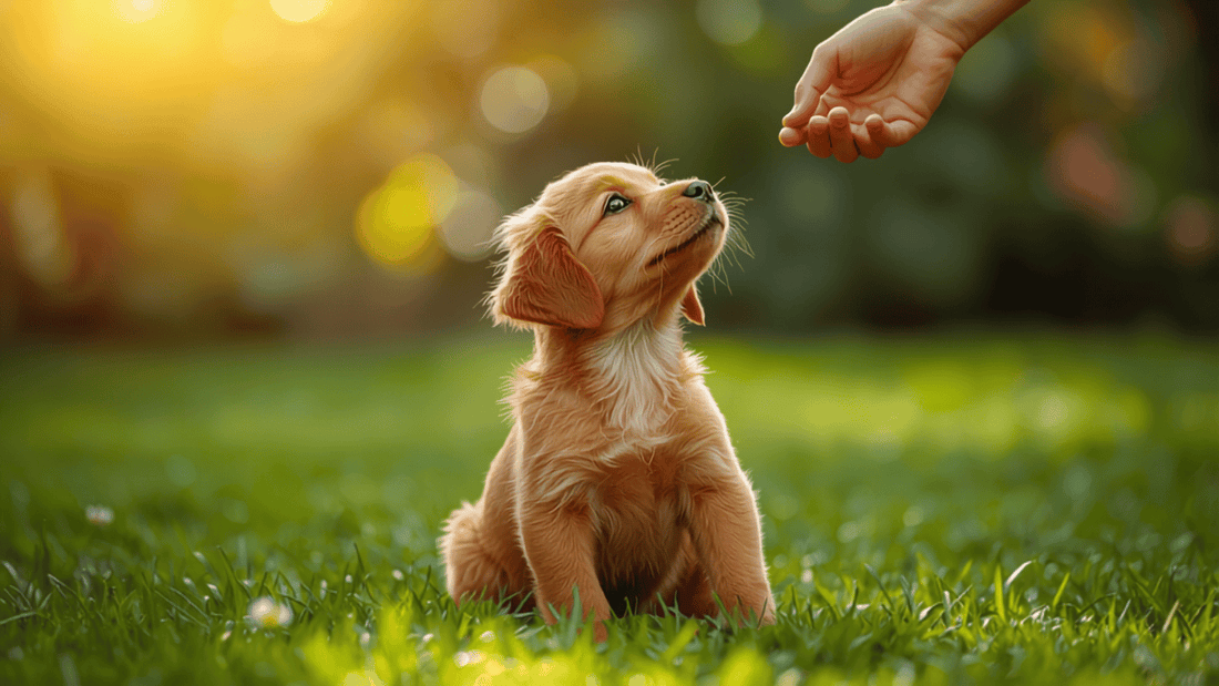Puppy zit op het gras en kijkt op naar een hand die een beloning aanreikt tijdens de training