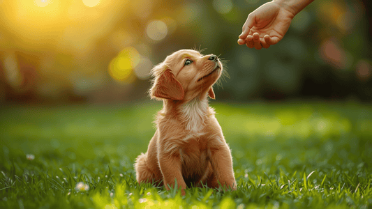 Puppy zit op het gras en kijkt op naar een hand die een beloning aanreikt tijdens de training
