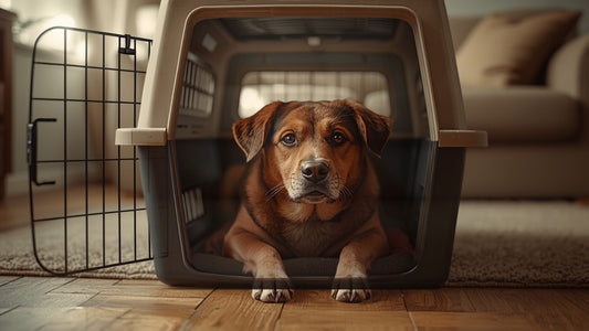 Hond die comfortabel ligt in een transportbox thuis