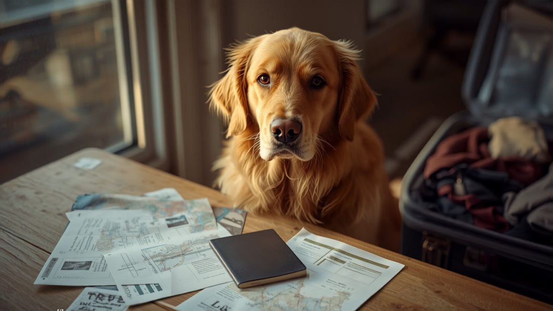 Hond met paspoort en reisdocumenten voor een reis naar het buitenland