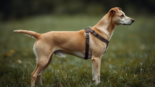 Hond van opzij in het gras met een goed passend Y-tuig, waarbij de borstband en buikband duidelijk zichtbaar zijn