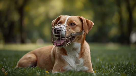 Ontspannen hond in het gras met een korfmuilkorf om, waarbij hij vrij kan hijgen