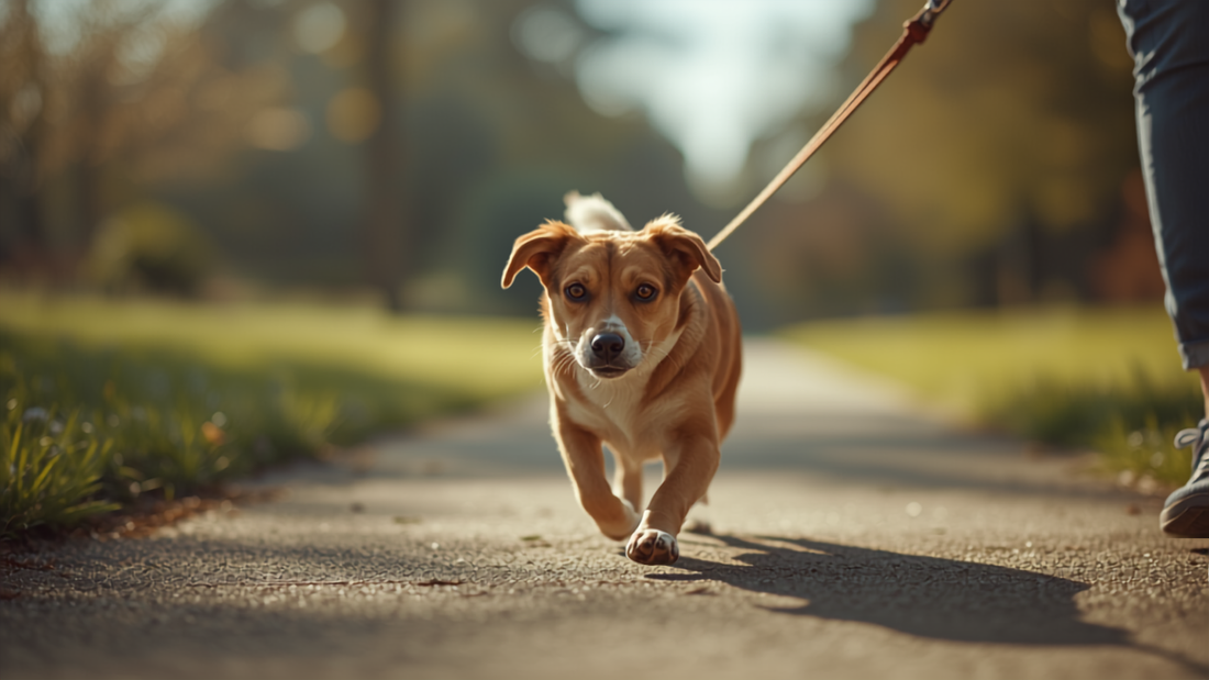 Hond loopt vooruit aan een strakgespannen lijn tijdens een wandeling in het park