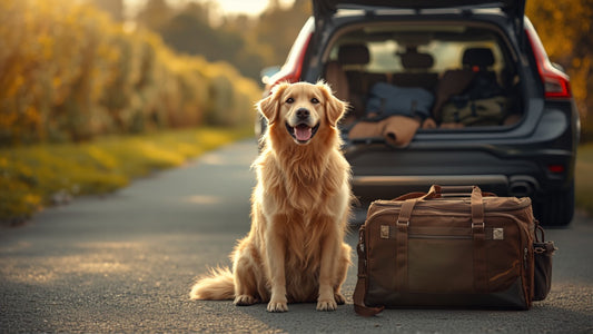 Hond klaar voor een reis, zittend naast een reistas bij de auto