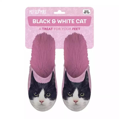 Merkloos Pantoffel Zwart Witte Kat Roze MAAT 39-42